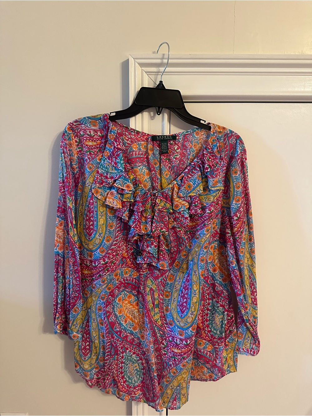 Ralph Lauren Pink Paisley Ruffle-Front Blouse with Multicolor Accents